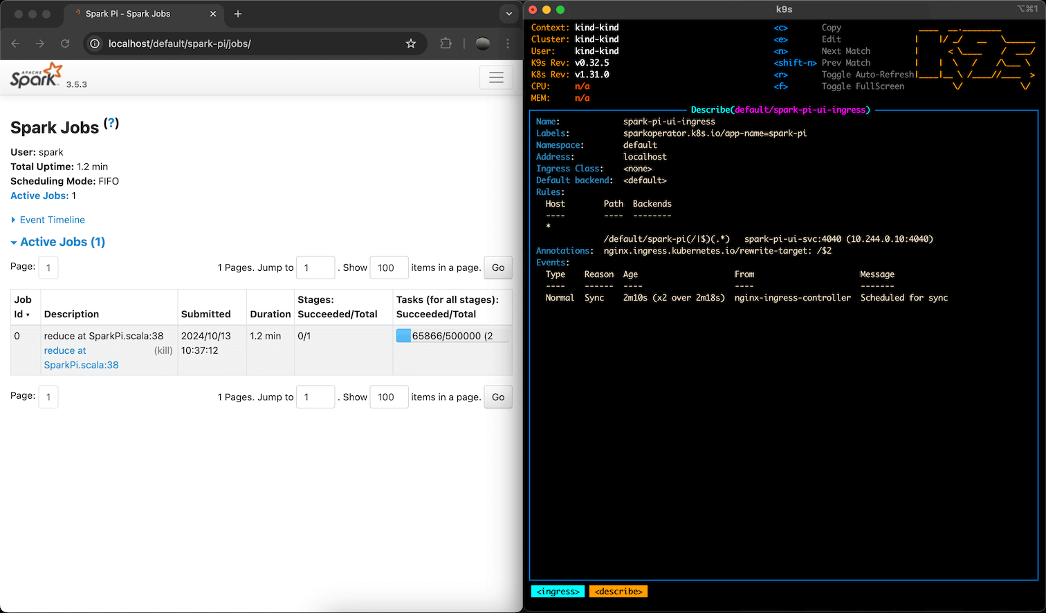 A screenshot of a Spark UI and k9s